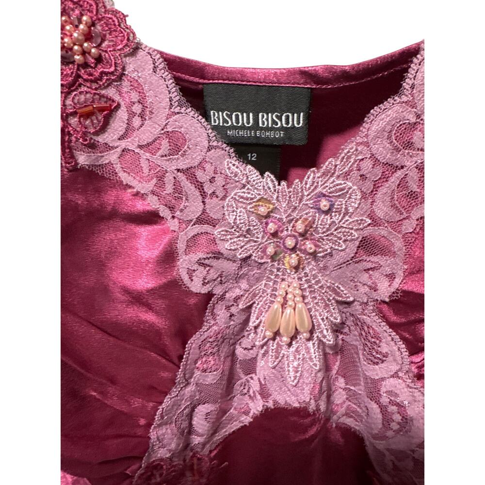 Bisou Bisou Vintage Camisole -Sz 12-Fairy Mermaidcore Satin Lace Beaded Top Y2K - Picture 2 of 12